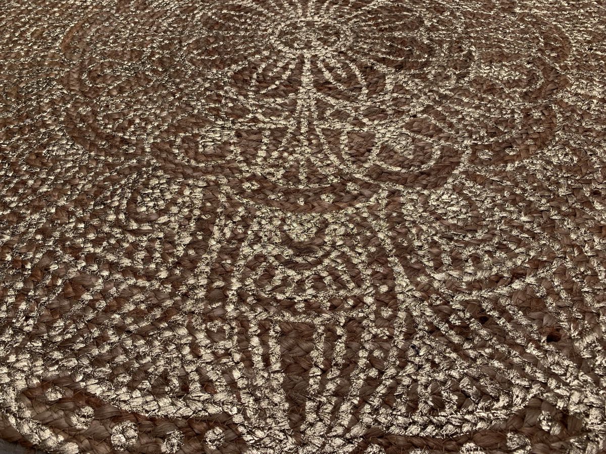 rug oriental bohemain woven hemp with golden lotus flower print 120cm