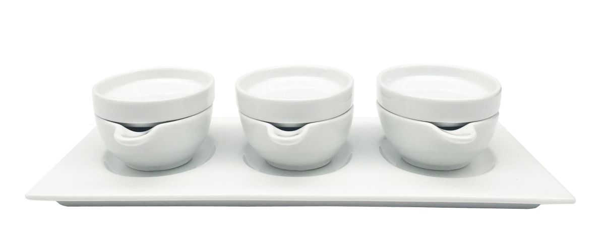 bord porselein rechthoekig met 3 ovale schaaltjes en 3 schoteltjes set