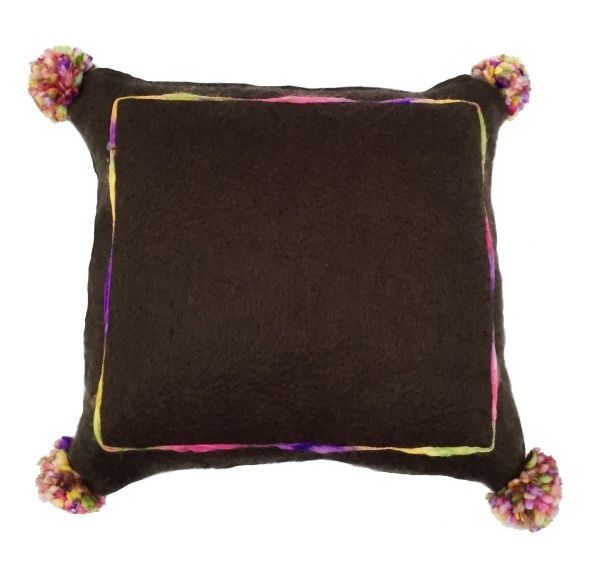 cushion mohair brown with multi pompon 50x50cm