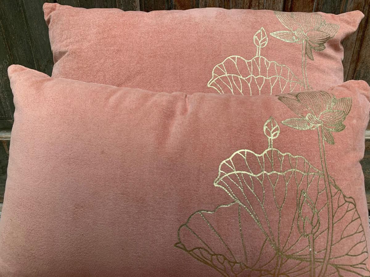 cushion velvet old pink print lotusflower gold 50x30cm