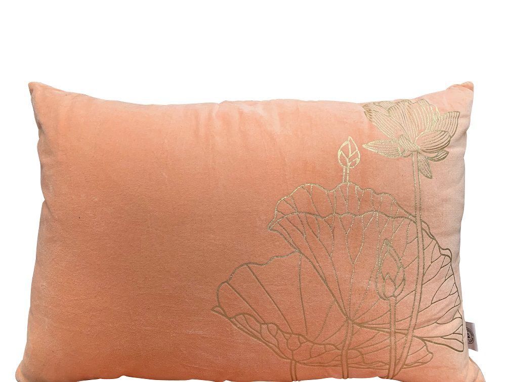 cushion velvet peach print lotusflower gold 60x40cm