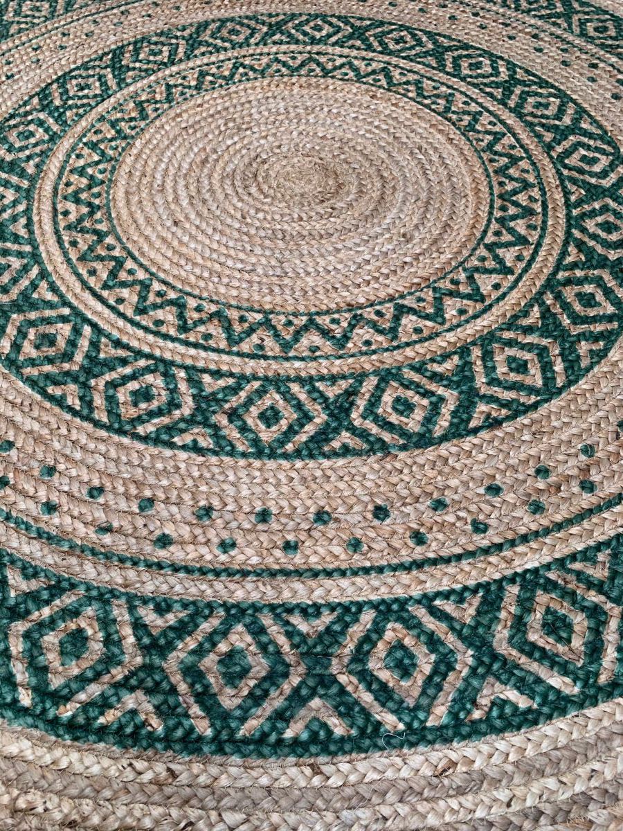 rug braided jute print green round 150cm