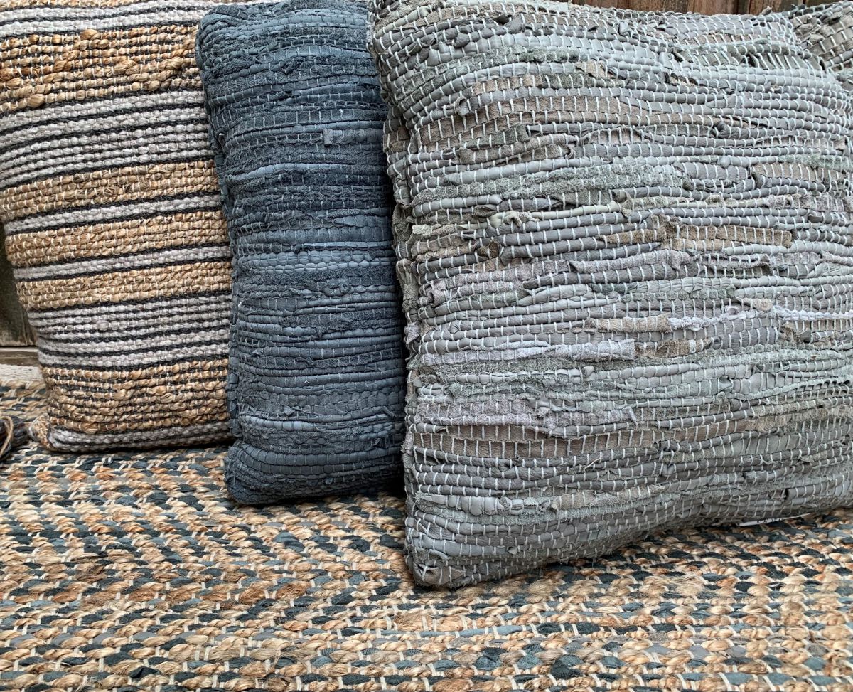 rug woven jute and recycled leather grey 80x240cm