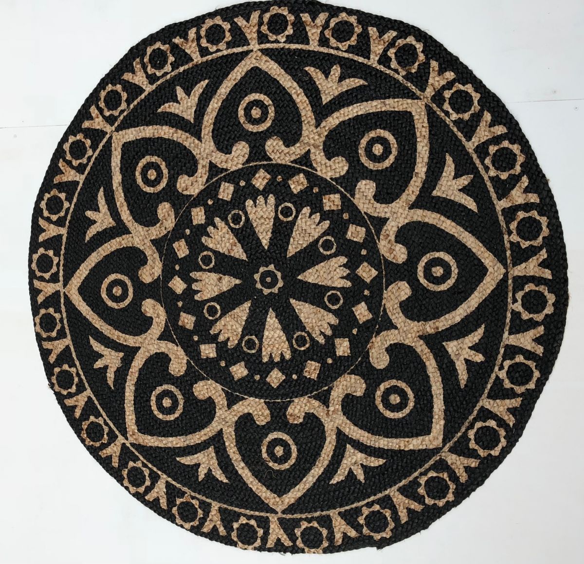 vloerkleed jute orientaalse print zwart rond 120cm