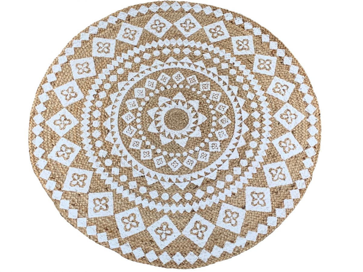 vloerkleed jute rond wit print mandala 150cm ibiza style